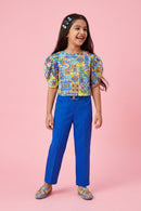 Girls Floral Puff Sleeve Top & Blue Pants SET2068