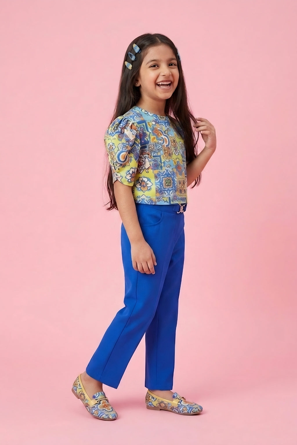 Girls Floral Puff Sleeve Top & Blue Pants SET2068