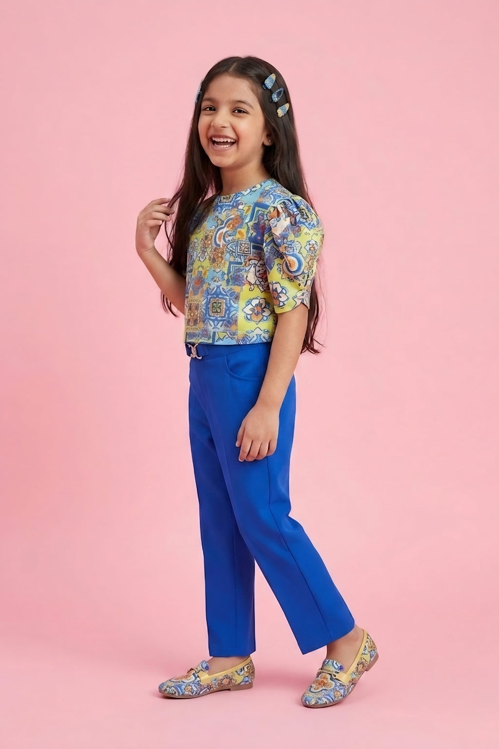 Girls Floral Puff Sleeve Top & Blue Pants SET2068