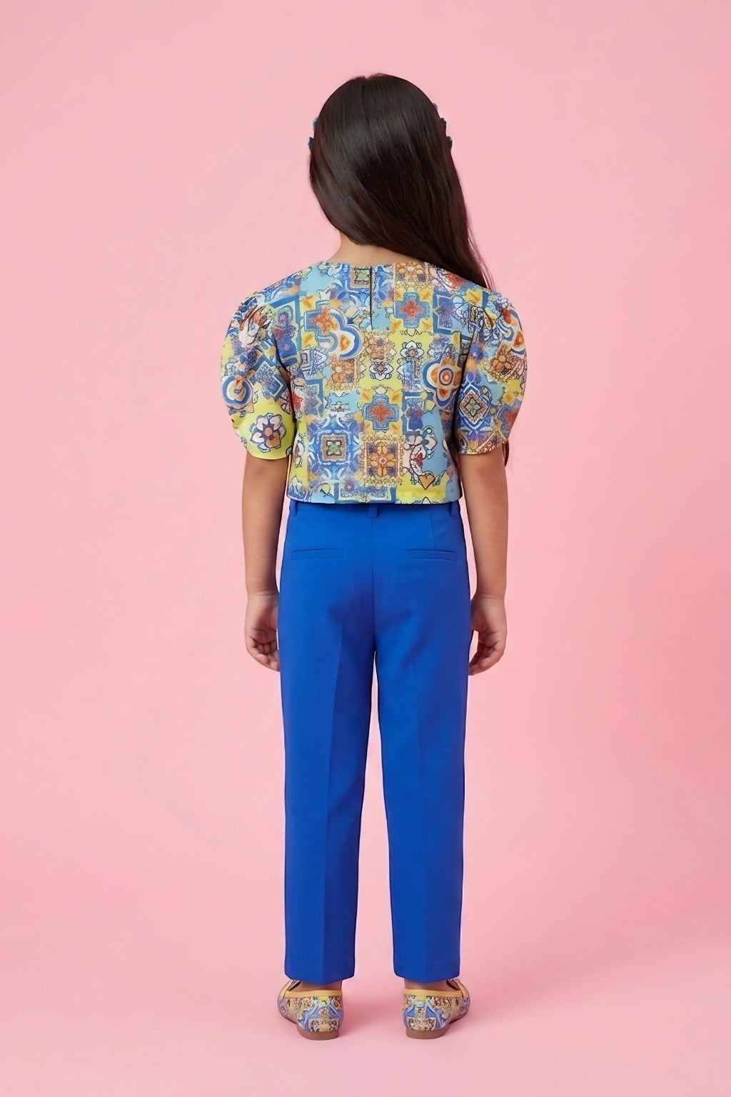 Girls Floral Puff Sleeve Top & Blue Pants SET2068