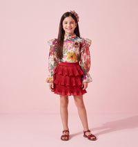 Girls Maroon Printed Top & Skirt Set 2071