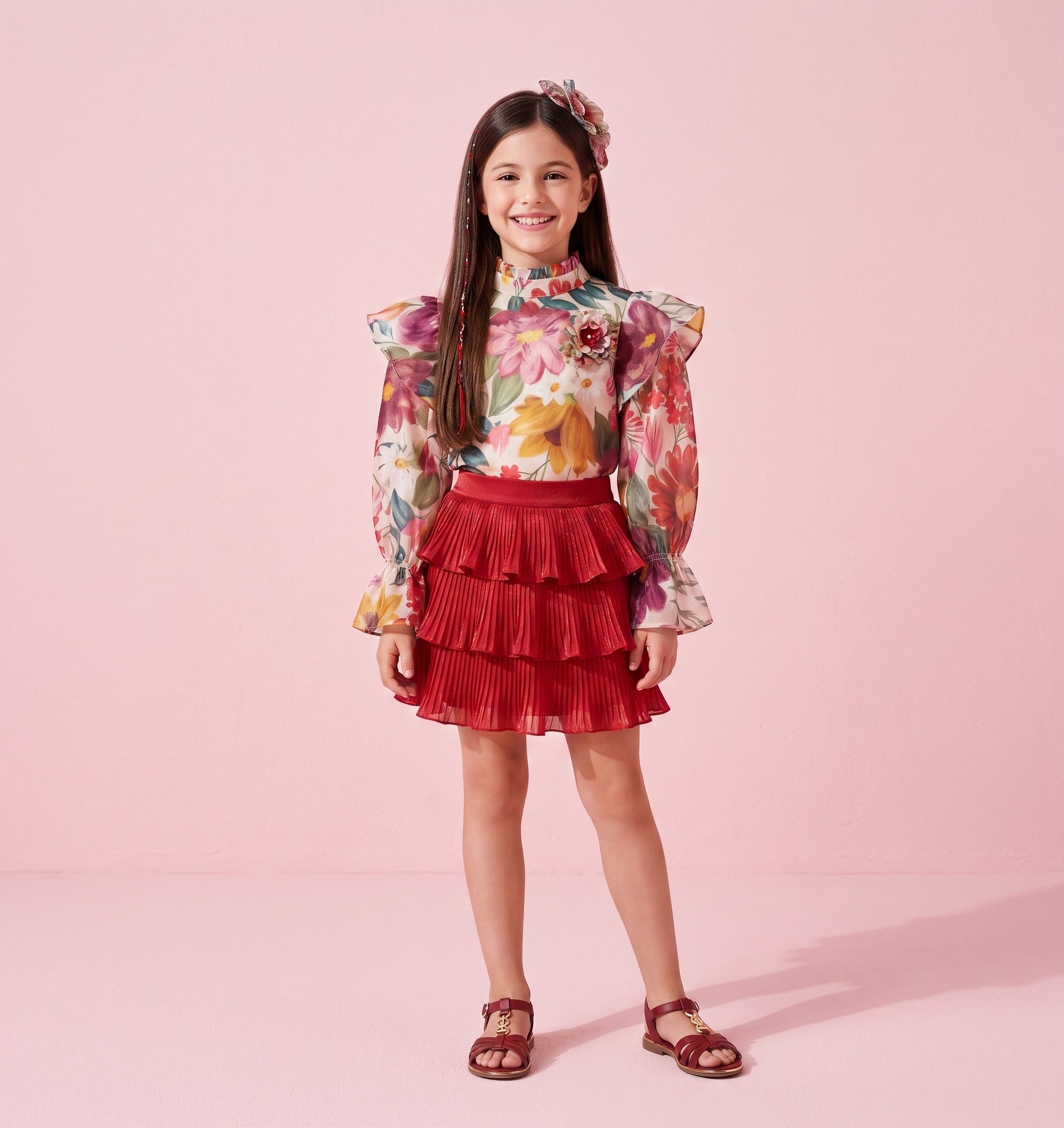 Girls Maroon Printed Top & Skirt Set 2071