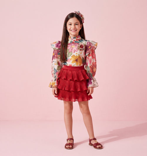 Girls Maroon Printed Top & Skirt Set 2071