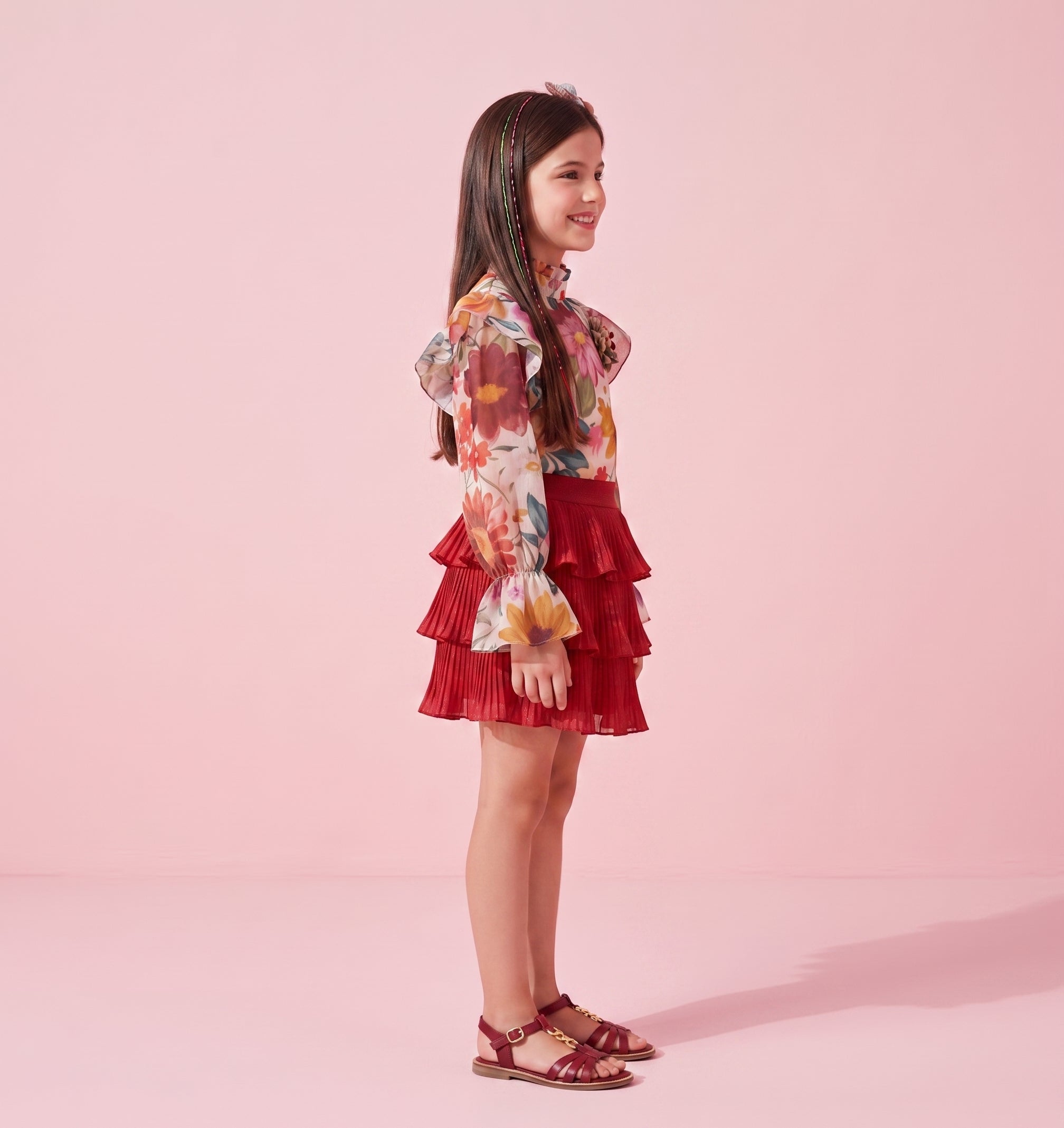 Girls Maroon Printed Top & Skirt Set 2071