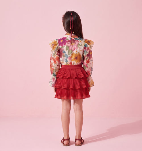 Girls Maroon Printed Top & Skirt Set 2071