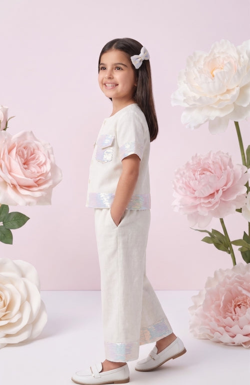 Girls Cream Linen Co-ord Set 2083