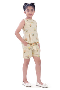 Cream Printed Shorts Set for Girls