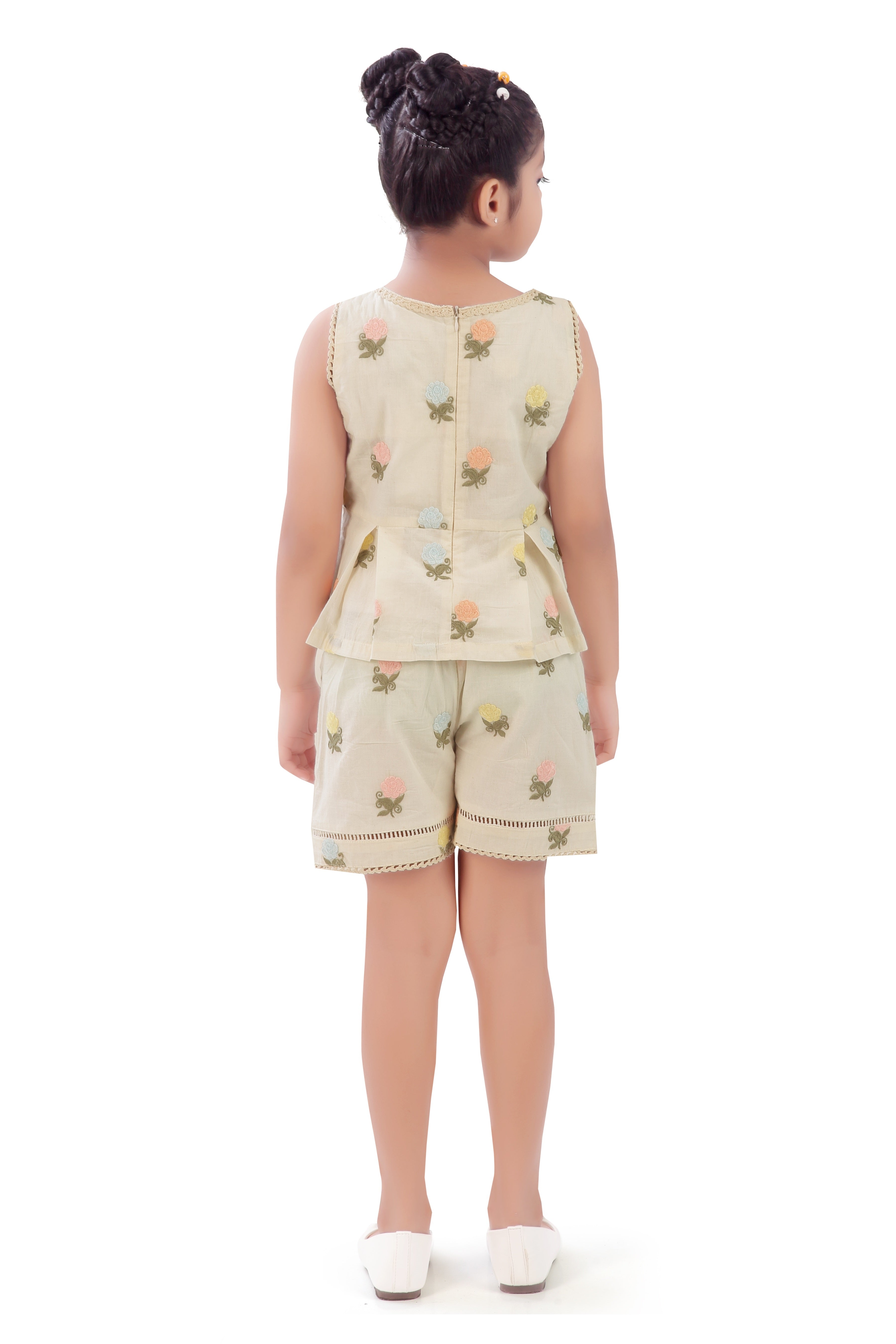 Cream Printed Shorts Set for Girls