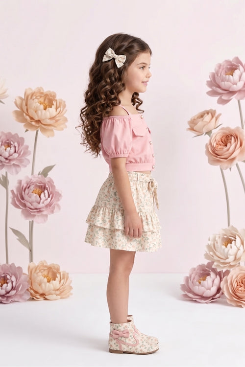 Peach Off-Shoulder Top with Floral Skirt Set 2091