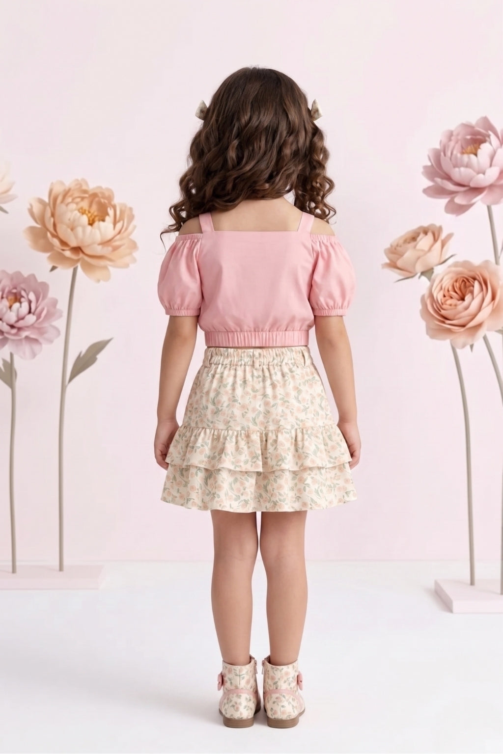Peach Off-Shoulder Top with Floral Skirt Set 2091