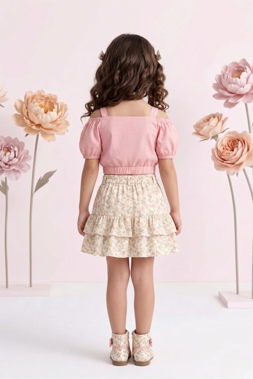 Peach Off-Shoulder Top with Floral Skirt Set 2091