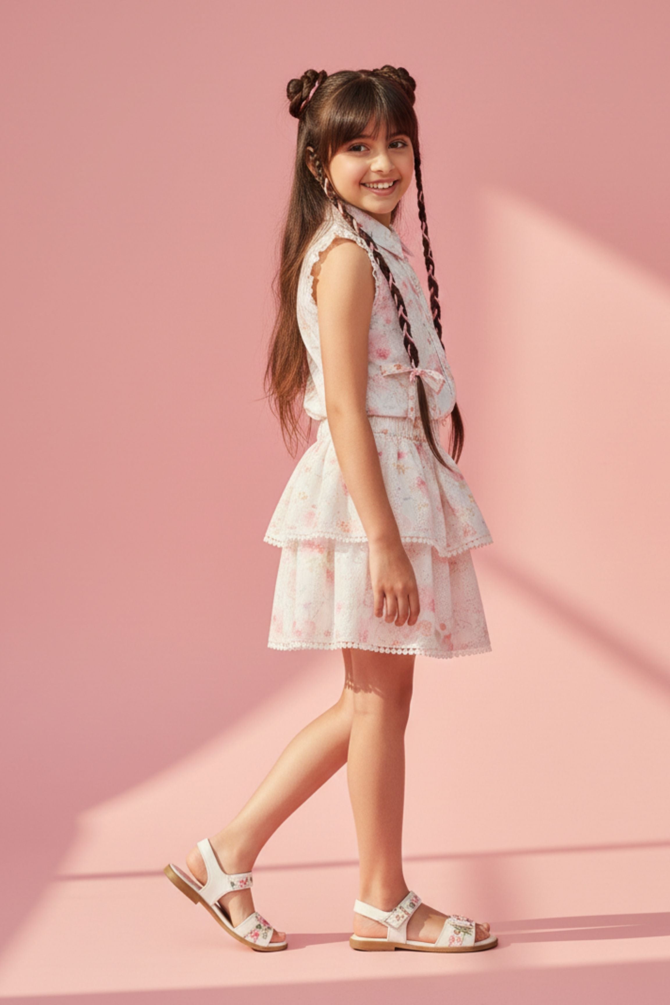 Pink Floral Sleeveless Co-Ord Set with Tiered Skirt SET3114