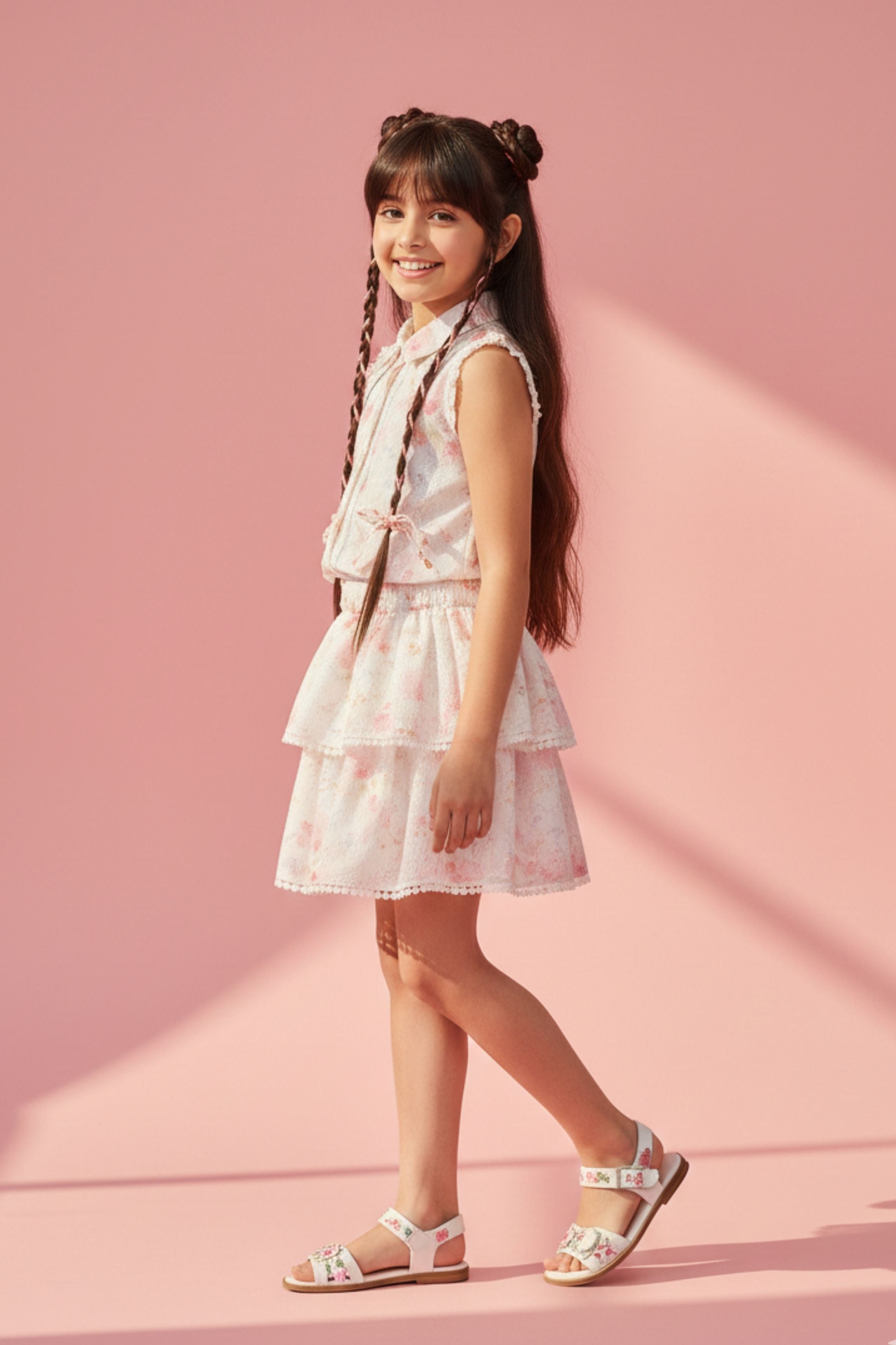 Pink Floral Sleeveless Co-Ord Set with Tiered Skirt SET3114