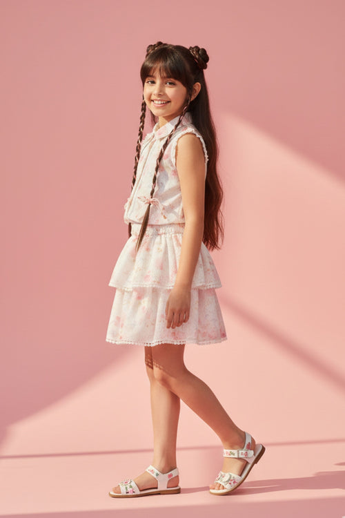 Pink Floral Sleeveless Co-Ord Set with Tiered Skirt SET3114
