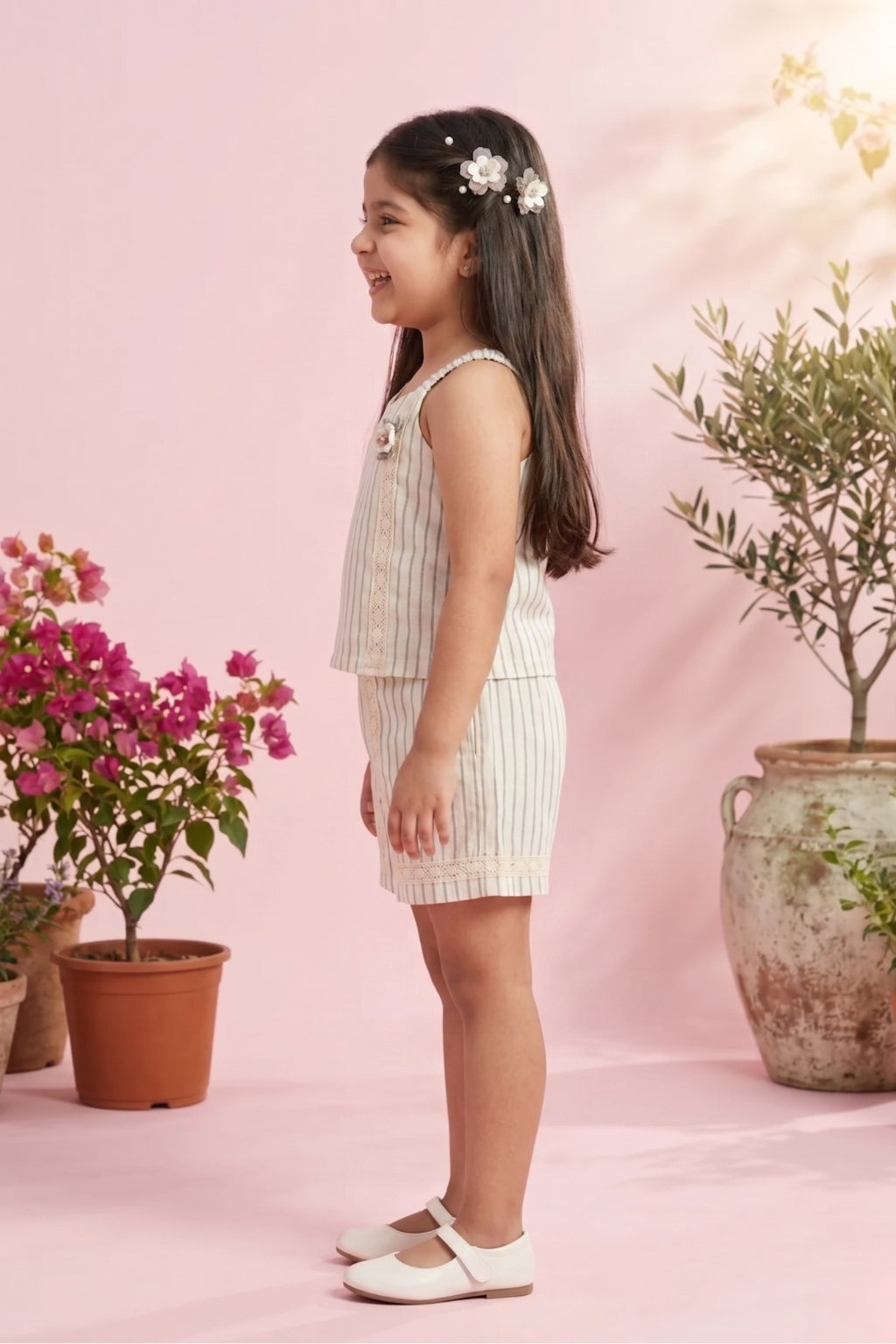 Girls Beige Stripe Top & Shorts Set 3119
