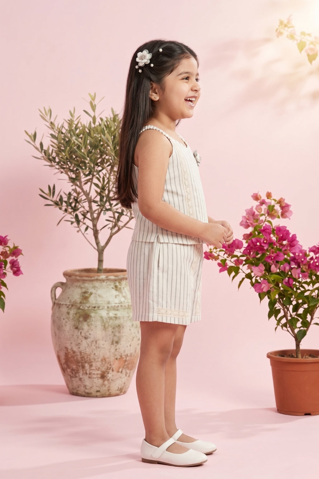 Girls Beige Stripe Top & Shorts Set 3119
