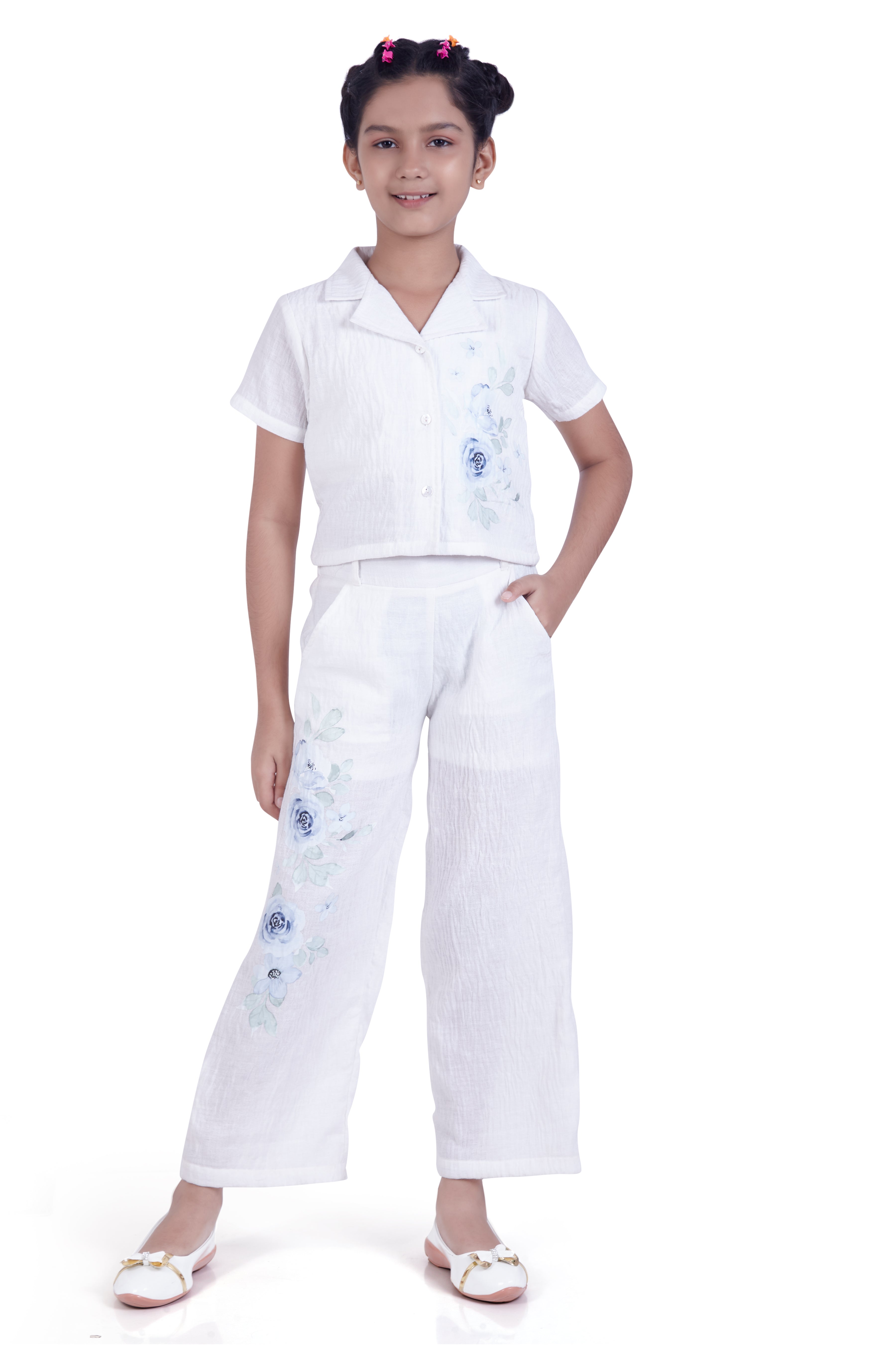 Girls White Embroidered Shirt & Pants Set