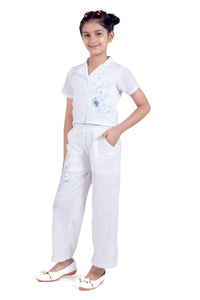 Girls White Embroidered Shirt & Pants Set