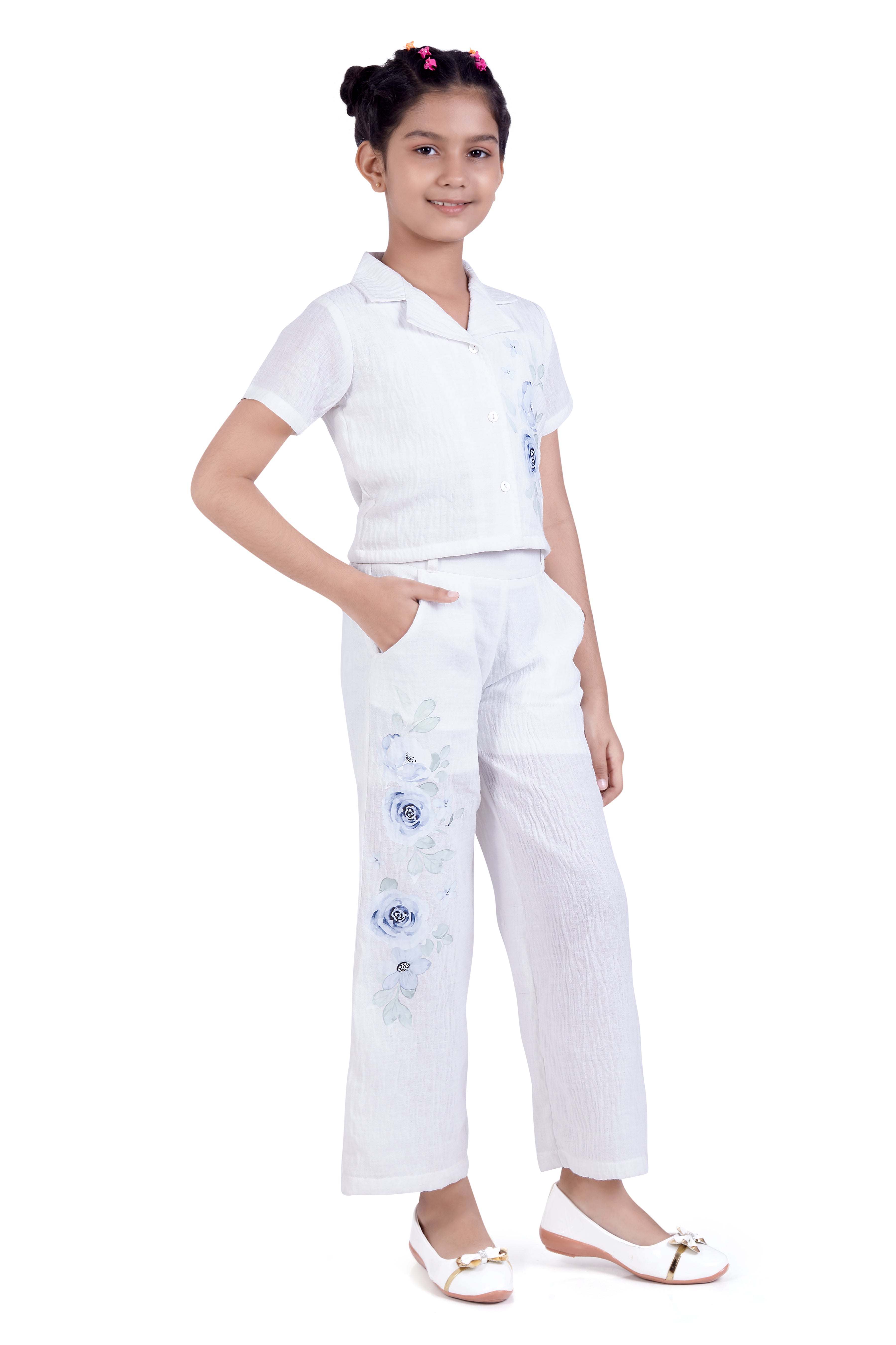 Girls White Embroidered Shirt & Pants Set