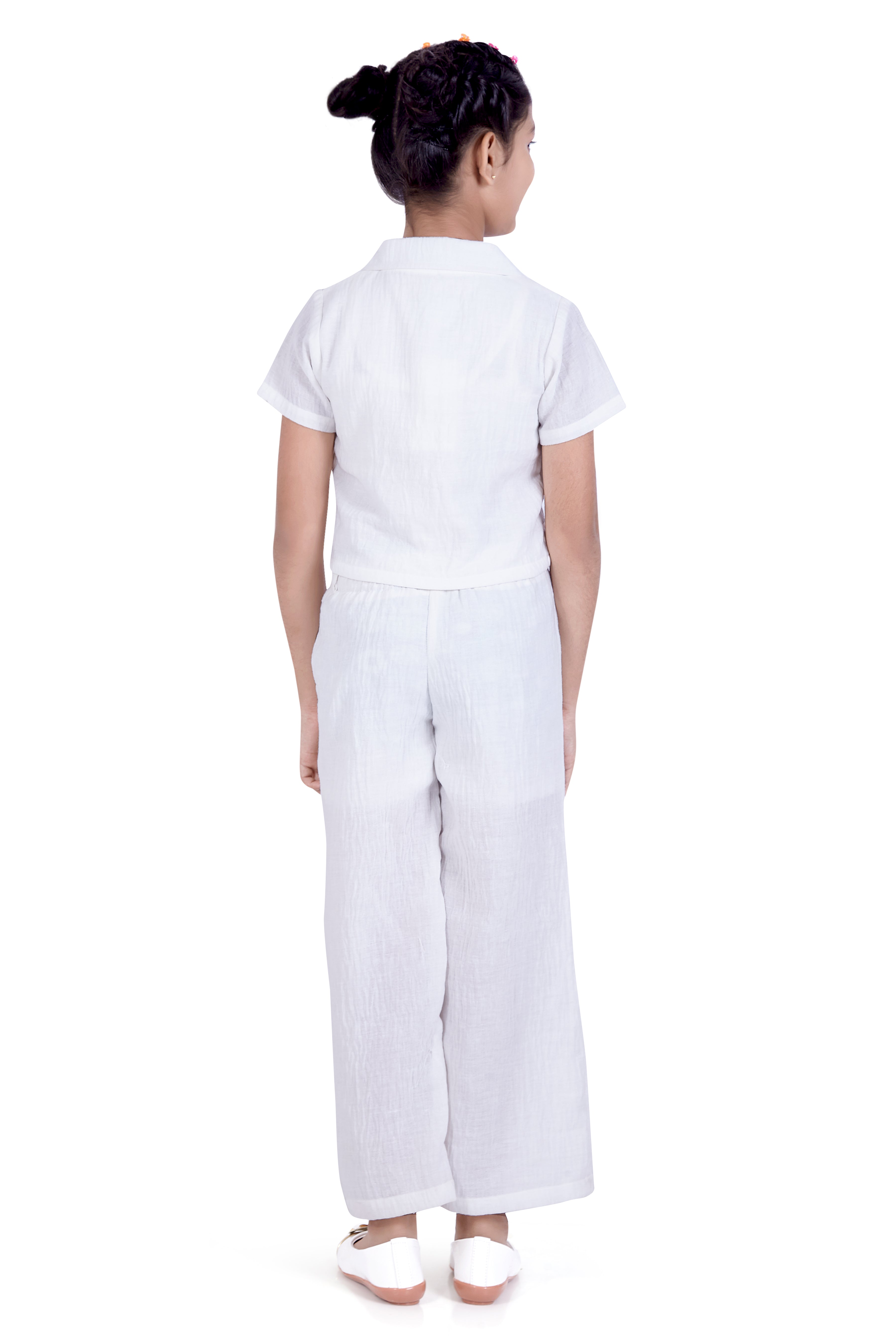 Girls White Embroidered Shirt & Pants Set