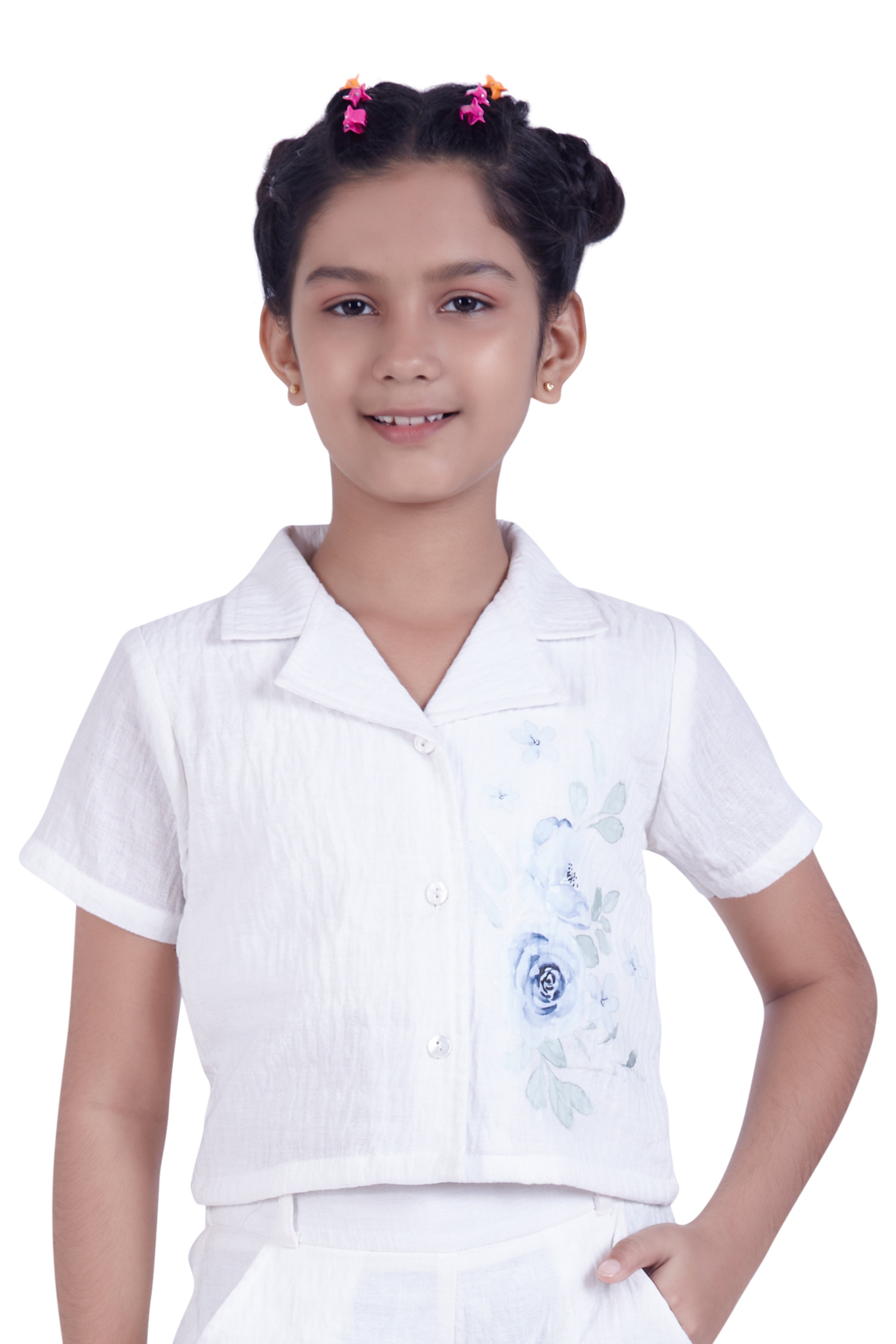 Girls White Embroidered Shirt & Pants Set