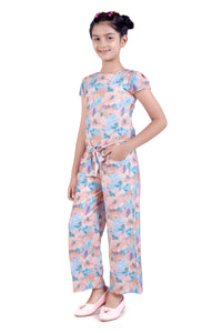 Girls Peach Floral Printed Jumpsuit