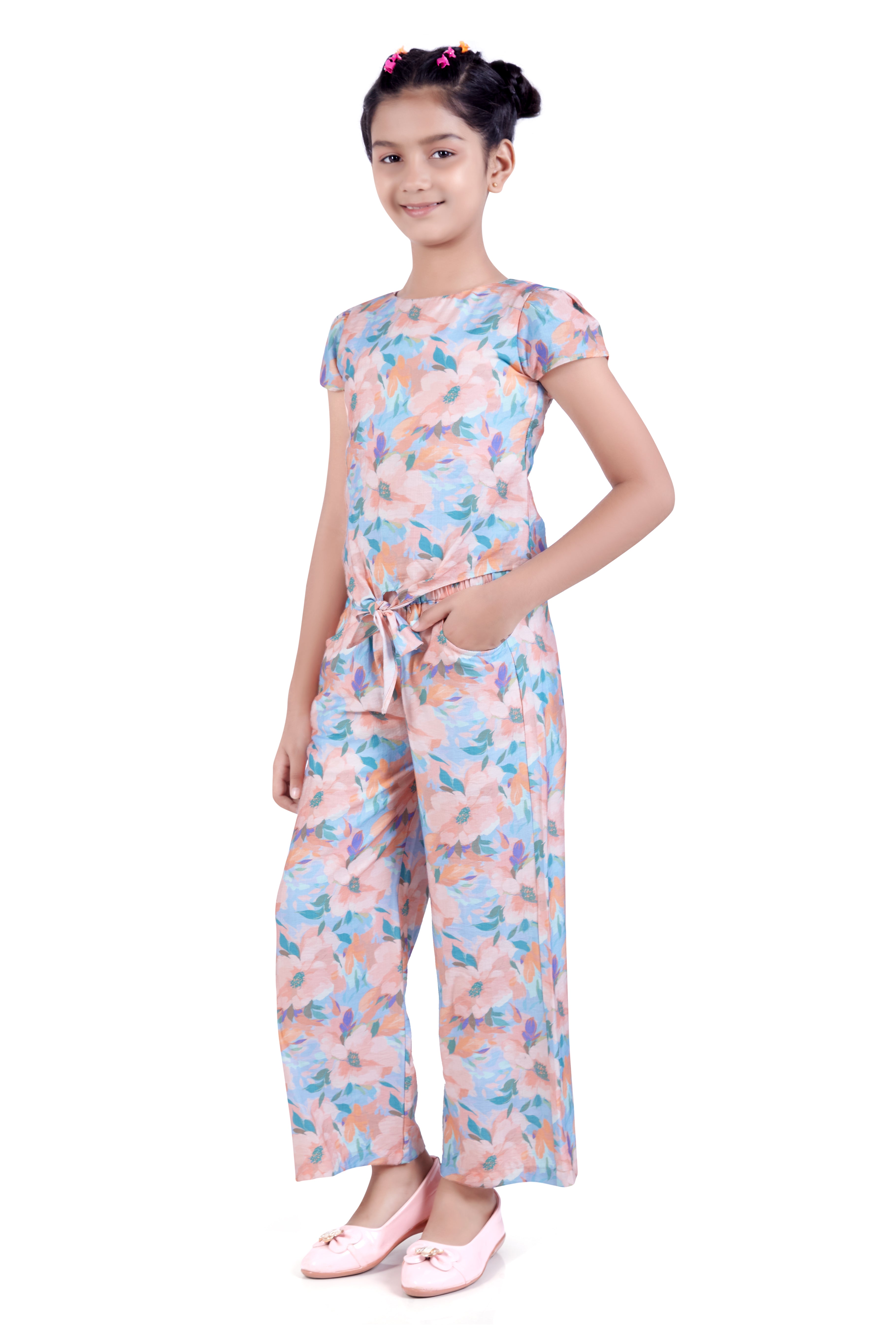 Girls Peach Floral Printed Jumpsuit