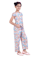 Girls Peach Floral Printed Jumpsuit