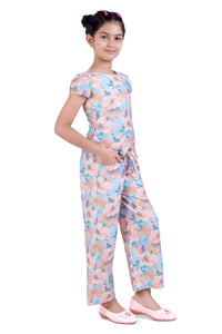 Girls Peach Floral Printed Jumpsuit