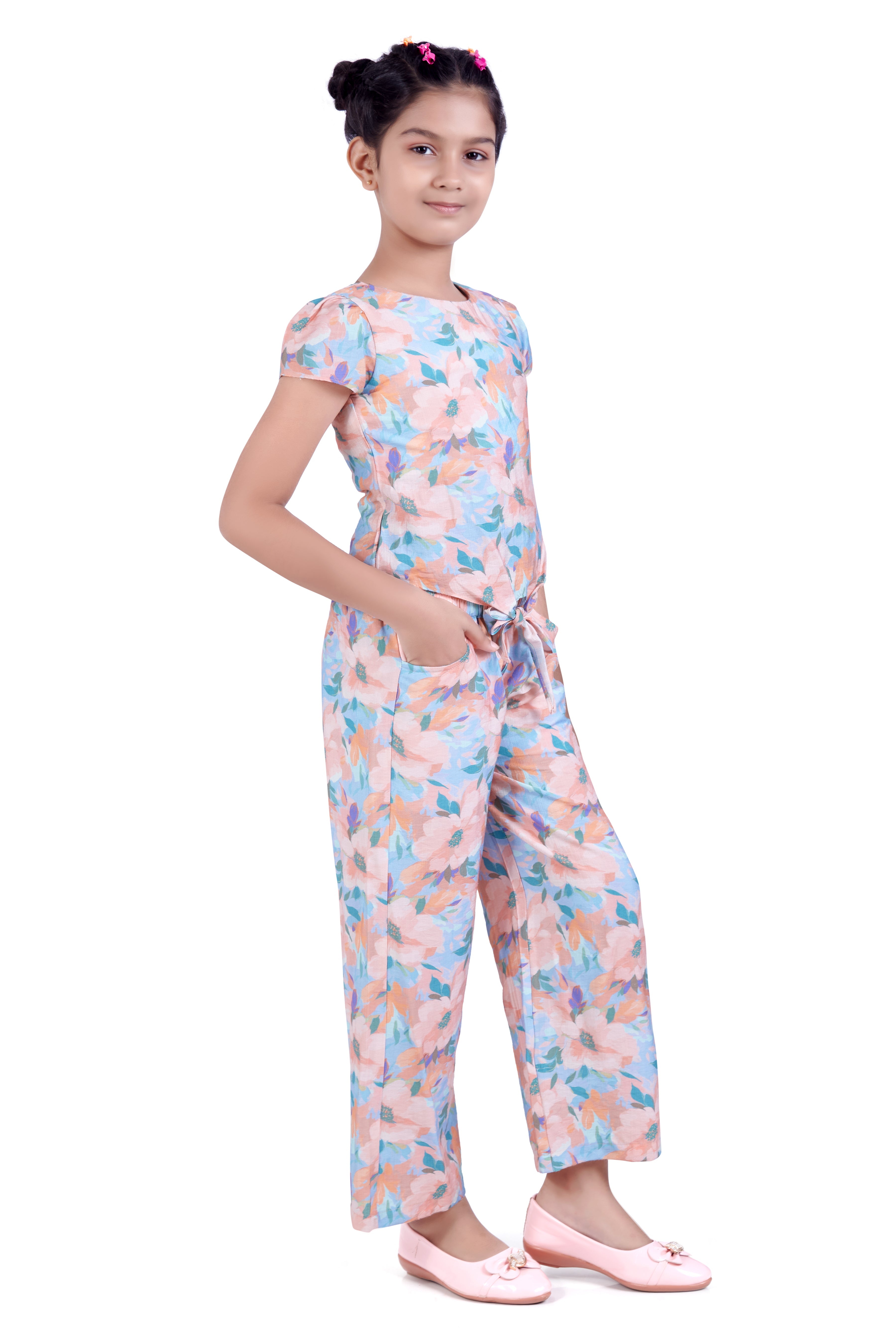 Girls Peach Floral Printed Jumpsuit