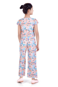 Girls Peach Floral Printed Jumpsuit