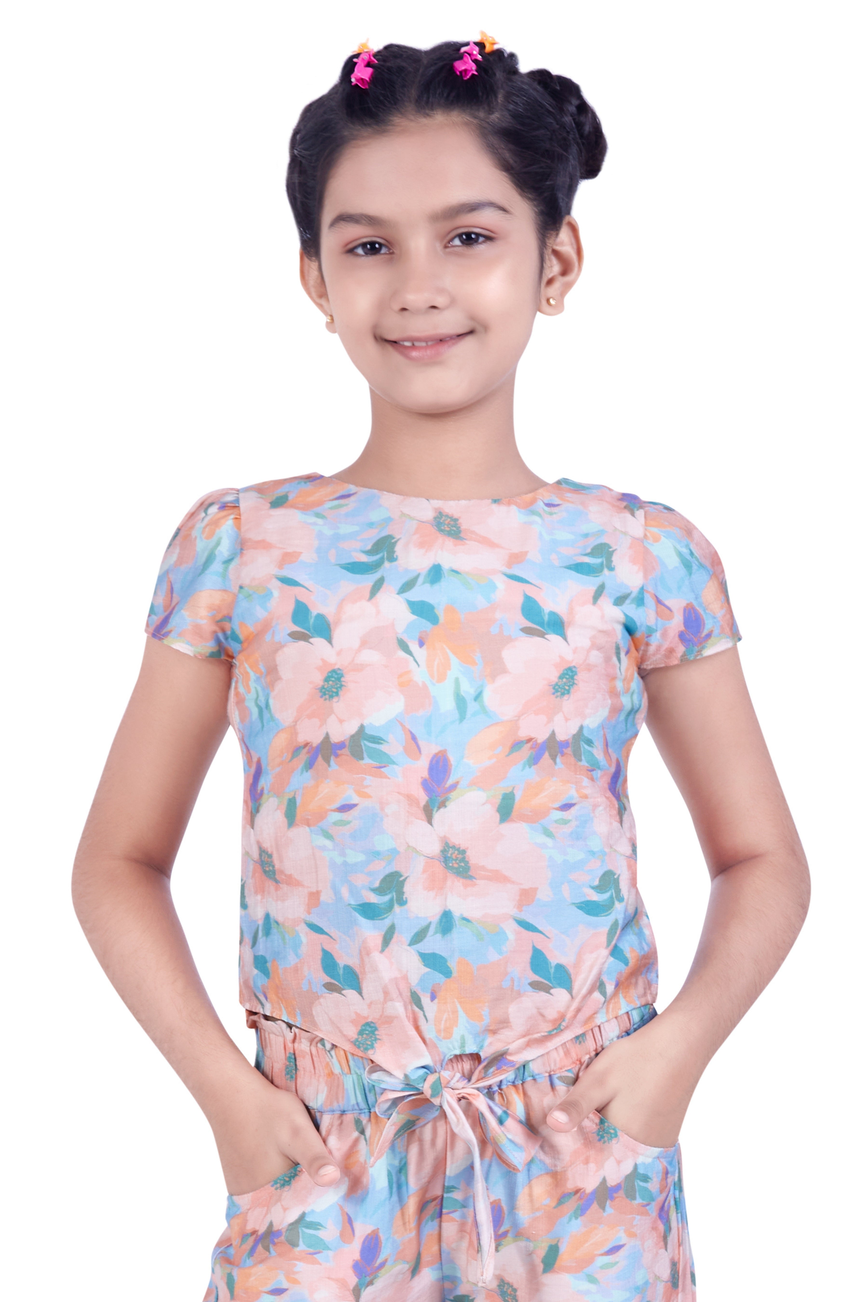 Girls Peach Floral Printed Jumpsuit