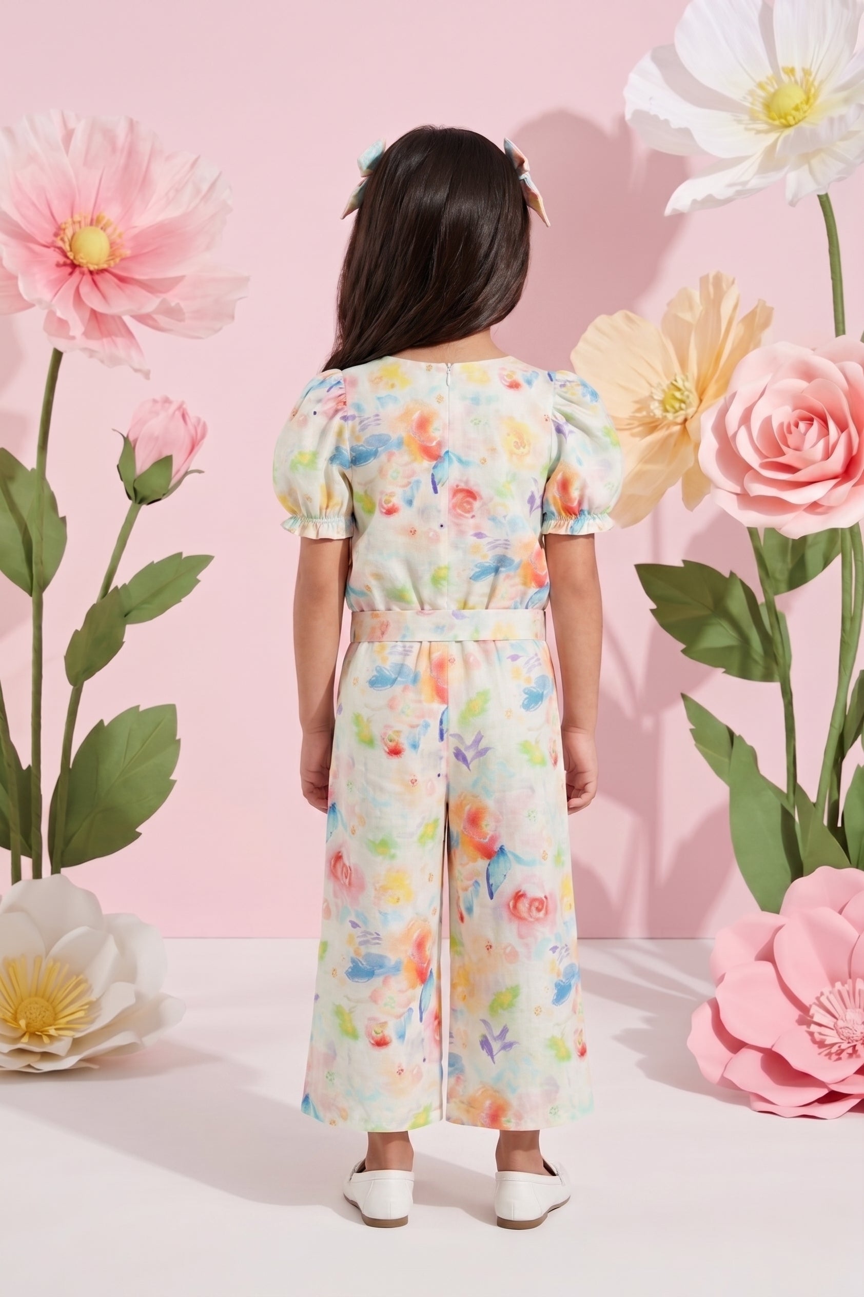 Pastel Floral Puff Sleeve Top & Wide-Leg Pants Co-Ord Set 3144