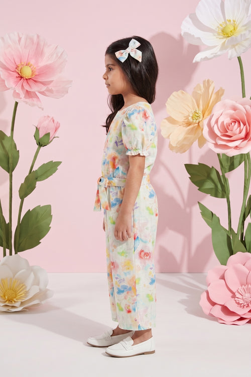 Pastel Floral Puff Sleeve Top & Wide-Leg Pants Co-Ord Set 3144