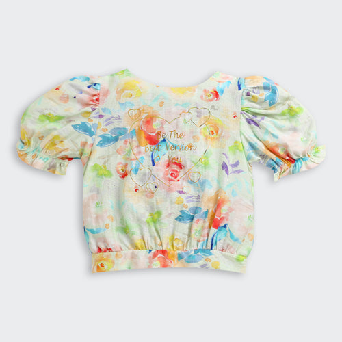 Pastel Floral Puff Sleeve Top & Wide-Leg Pants Co-Ord Set 3144