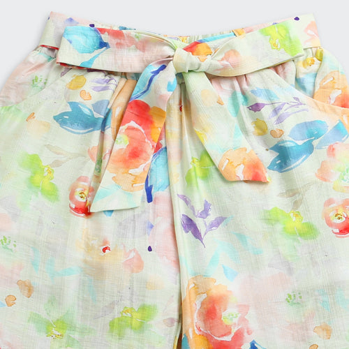 Pastel Floral Puff Sleeve Top & Wide-Leg Pants Co-Ord Set 3144