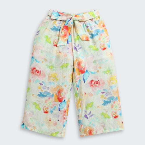 Pastel Floral Puff Sleeve Top & Wide-Leg Pants Co-Ord Set 3144