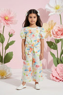Pastel Floral Puff Sleeve Top & Wide-Leg Pants Co-Ord Set 3144