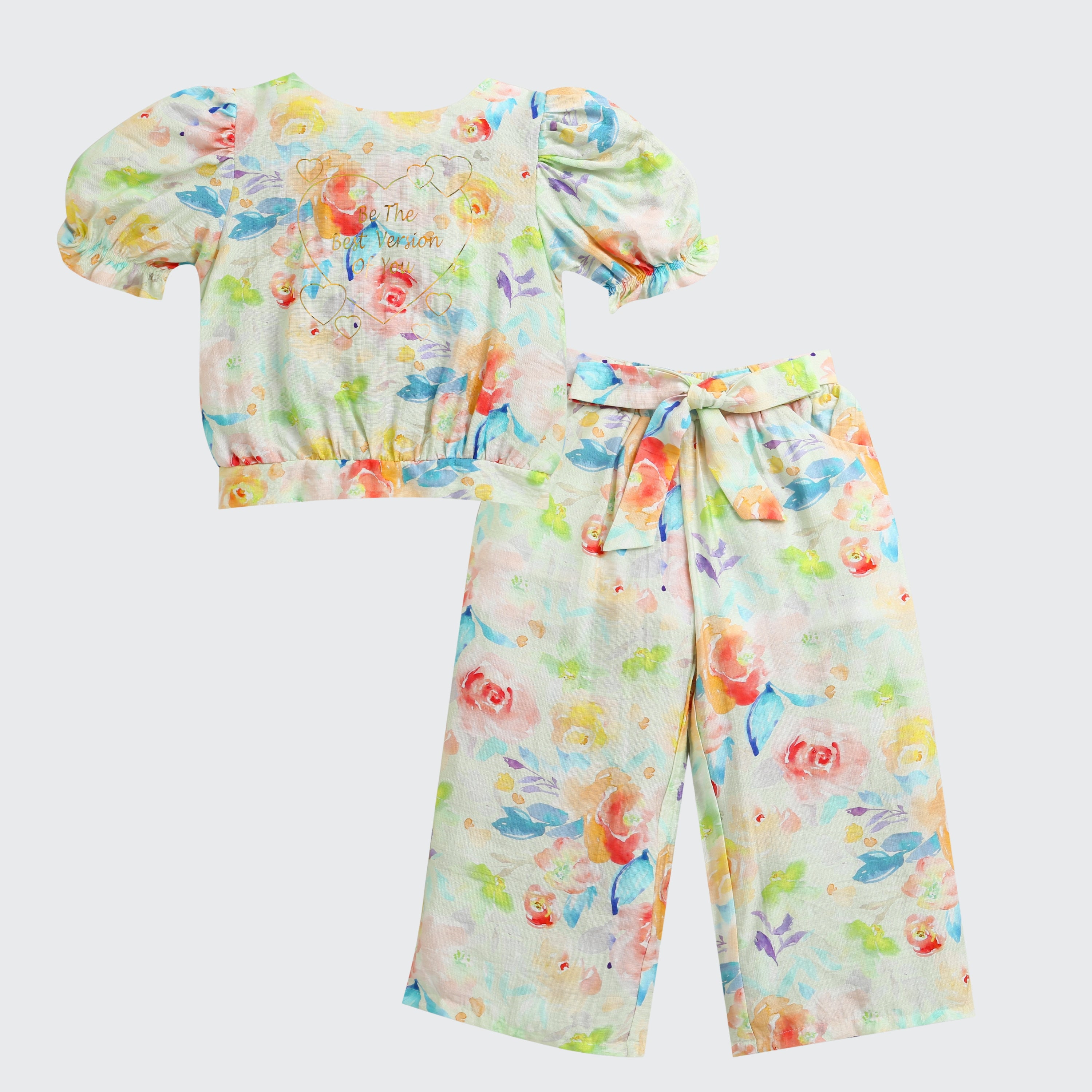Pastel Floral Puff Sleeve Top & Wide-Leg Pants Co-Ord Set 3144