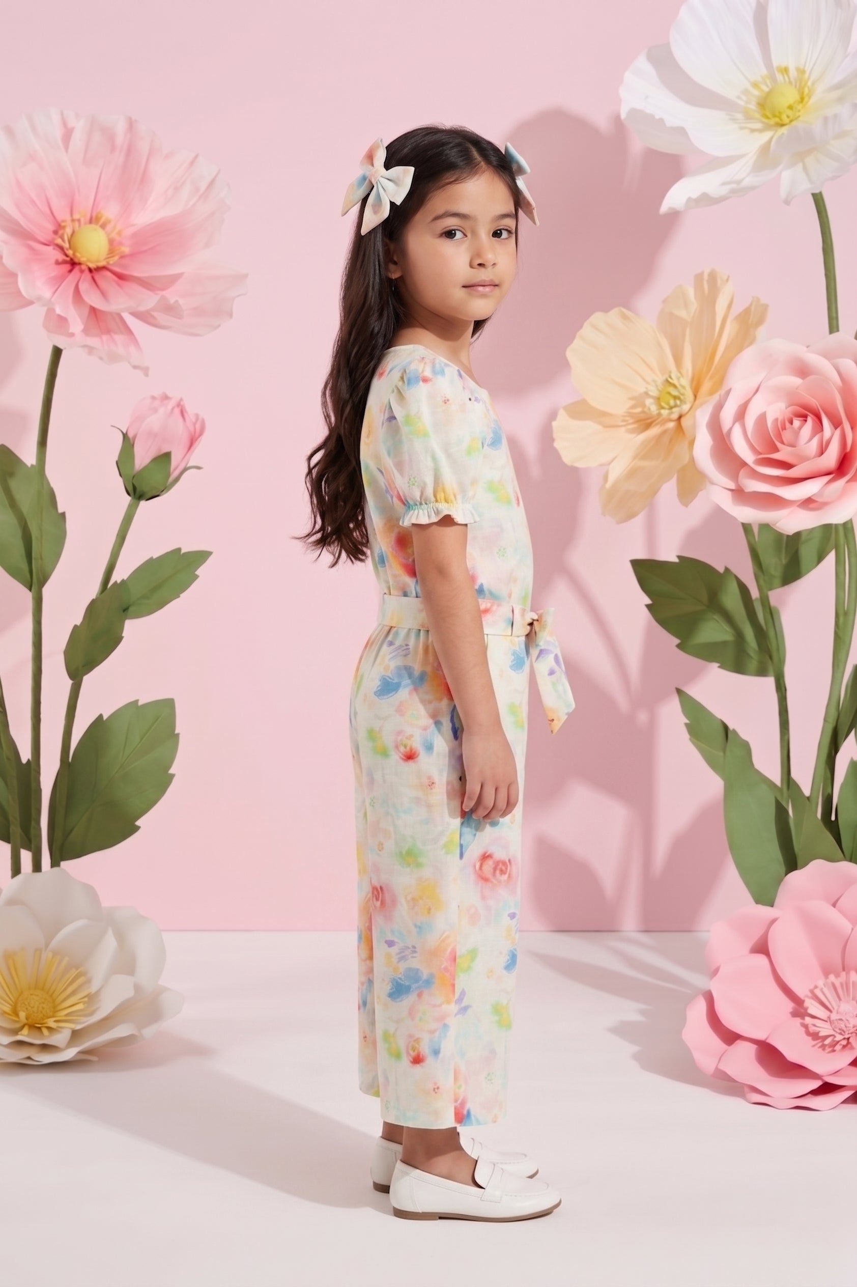 Pastel Floral Puff Sleeve Top & Wide-Leg Pants Co-Ord Set 3144