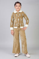 Tiny Girl Dark Fawn Embroidered Velvet Winter Co-Ord Set for Girls
