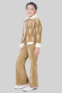 Tiny Girl Dark Fawn Embroidered Velvet Winter Co-Ord Set for Girls