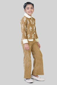 Tiny Girl Dark Fawn Embroidered Velvet Winter Co-Ord Set for Girls
