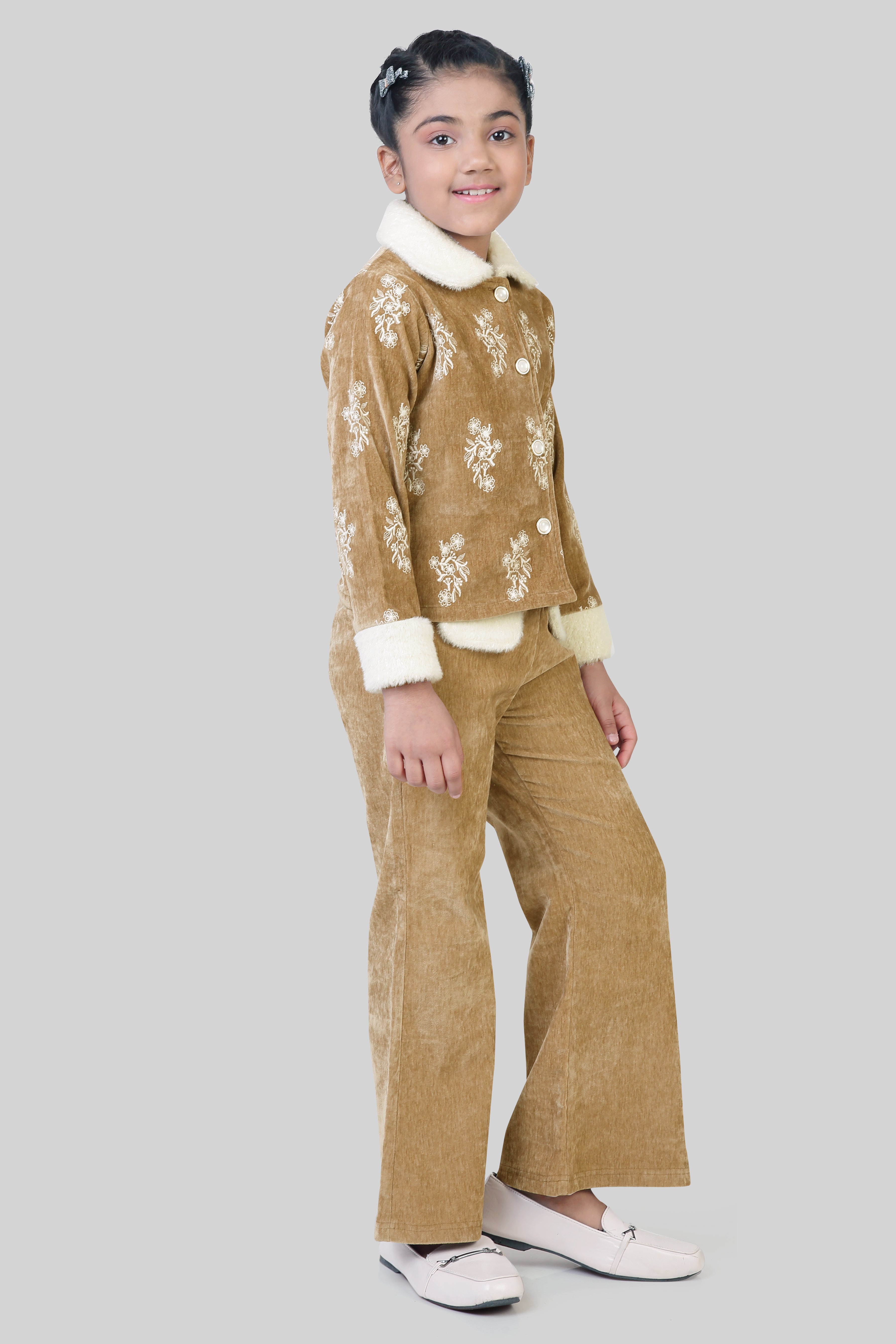 Tiny Girl Dark Fawn Embroidered Velvet Winter Co-Ord Set for Girls