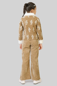 Tiny Girl Dark Fawn Embroidered Velvet Winter Co-Ord Set for Girls