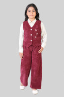 Girls Maroon Waistcoat & Trouser Set – Elegant Party Wear with White Shirt
