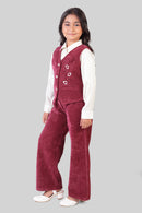 Girls Maroon Waistcoat & Trouser Set – Elegant Party Wear with White Shirt