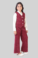 Girls Maroon Waistcoat & Trouser Set – Elegant Party Wear with White Shirt