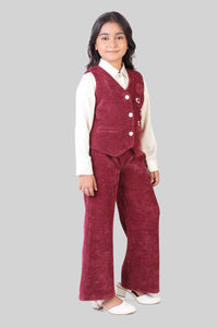 Girls Maroon Waistcoat & Trouser Set – Elegant Party Wear with White Shirt