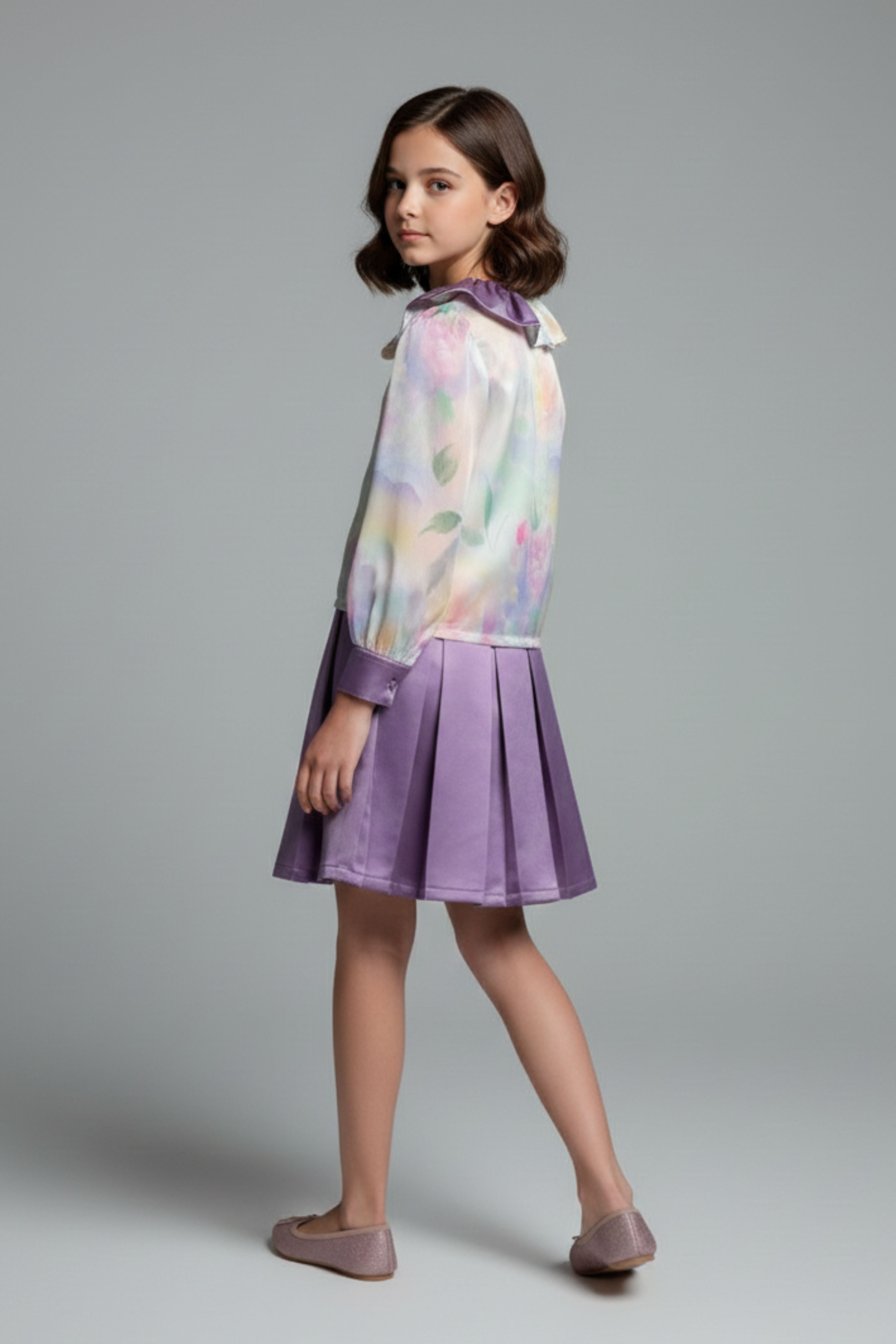 Tiny Girl Purple Floral Party Wear Top & Skirt Set for Girls